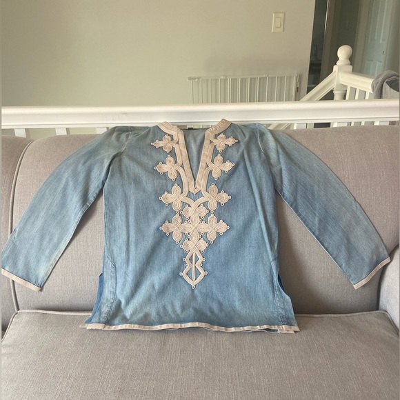 J Crew Womens Embroidered Soutache Blue Denim Tunic - Picture 2 of 6